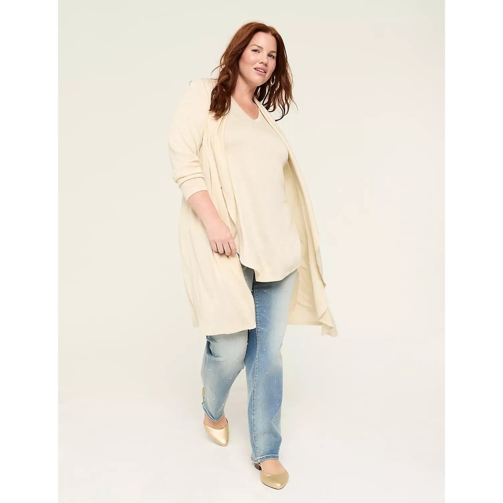 Lane Bryan Womens Sparkle Duster Cardigan Sz 22/24 Cream Pockets Minimalist NWT